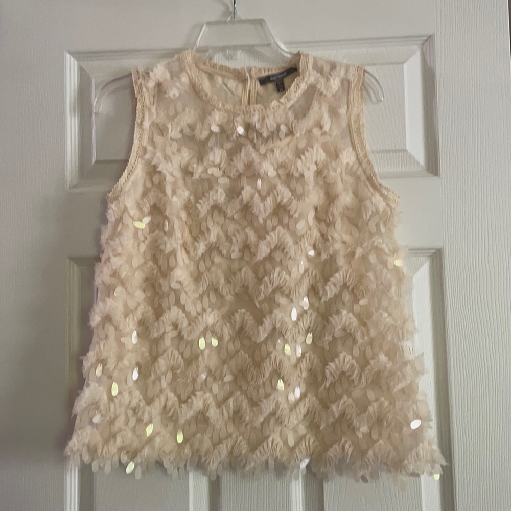 Anthropologie Blue Tassel Ivory Top